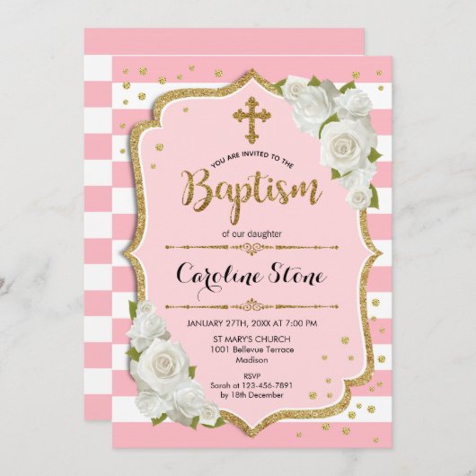 Meisjes Doop Uitnodiging - Roze Goud Wit (Voorkant / Achterkant)