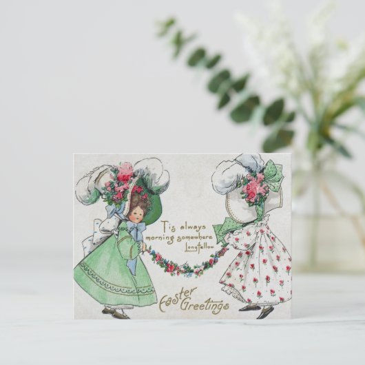  meisjes Dress Petten Antiek Pasen Feestdagenkaart (Staand voorkant)