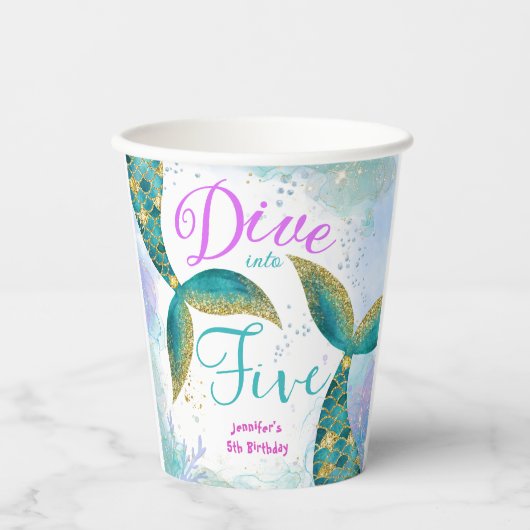 Meisjes Duiken in Vijf 5e Verjaardag Papieren Bekers (Voorkant)