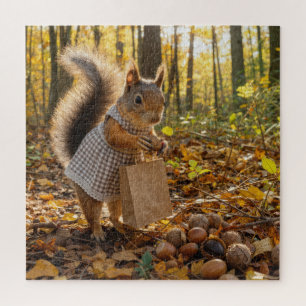 Meisjes eekhoorn die noten koopt in herfst bos legpuzzel
