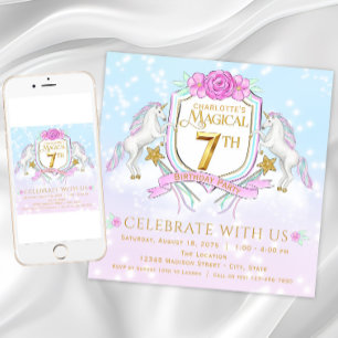 Meisjes Eenhoorn 7e Verjaardag Feest Uitnodigingen