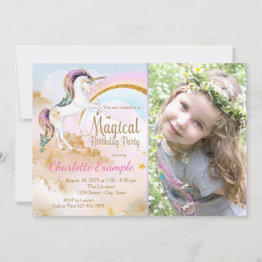 Meisjes Eenhoorn Foto Verjaardagsfeestje Uitnodigi Kaart (Voorkant)