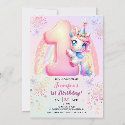 Meisjes Eenhoorn Magische Regenboog 1e Verjaardags Kaart (Voorkant)