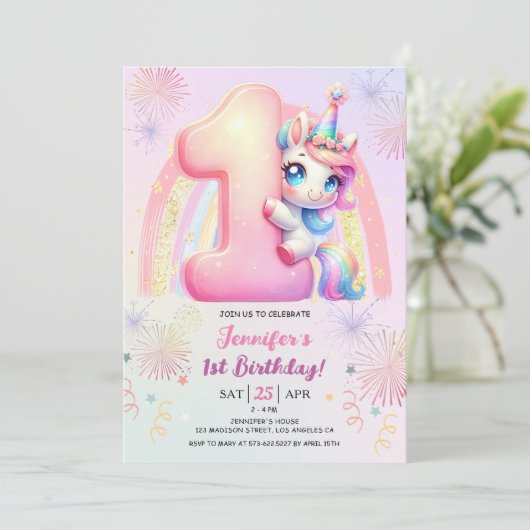 Meisjes Eenhoorn Magische Regenboog 1e Verjaardags Kaart (Staand voorkant)