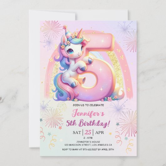 Meisjes Eenhoorn Magische Regenboog 5e Verjaardags Kaart (Voorkant)