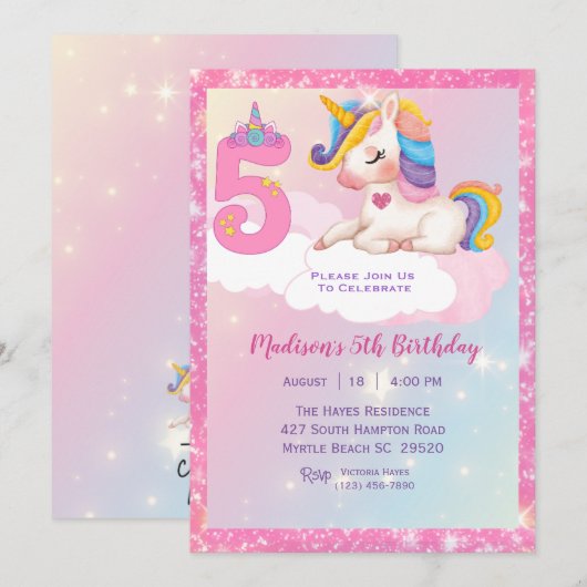Meisjes Eenhoorn Regenboog Glitter 5e Verjaardagsf Kaart (Voorkant / Achterkant)