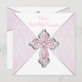 Meisjes Eerste Communie Roze Kant Kruis Kaart (Voorkant / Achterkant)