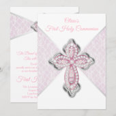Meisjes Eerste Communie Roze Kant Kruis Kaart (Voorkant / Achterkant)