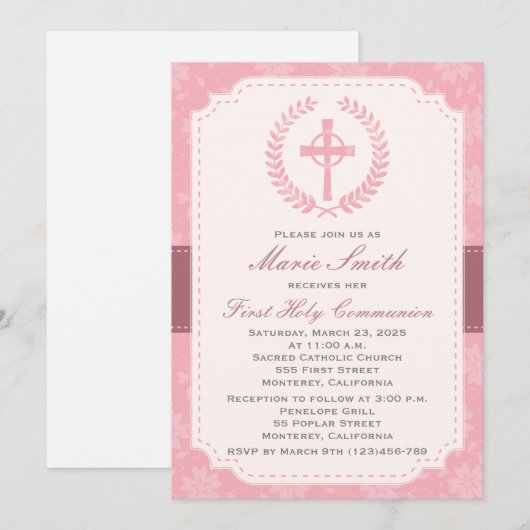 Meisjes eerste communie uitnodiging met kruis (Voorkant / Achterkant)