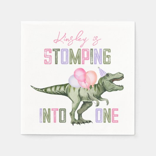 Meisjes eerste dinosaurus verjaardagspapier servet (Voorkant)