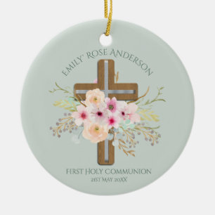 Meisjes Eerste Heilige Communie Floral Cross Geper Keramisch Ornament