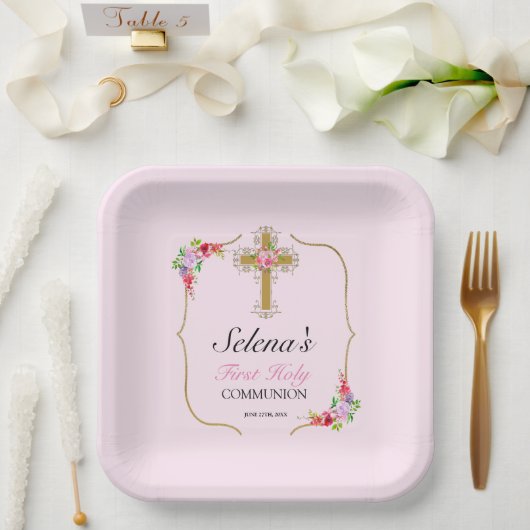 Meisjes Eerste Heilige Communie  Floral Papieren Bordje (Huwelijk)