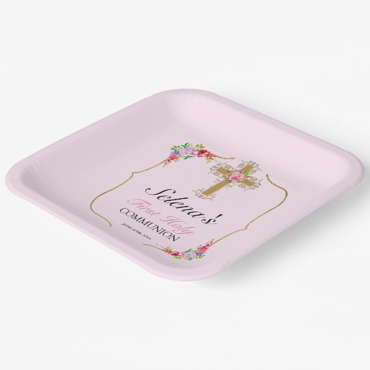 Meisjes Eerste Heilige Communie  Floral Papieren Bordje (Gebogen)