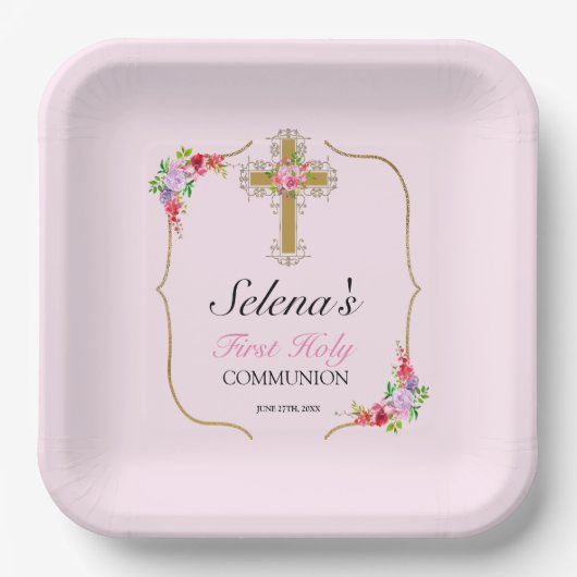 Meisjes Eerste Heilige Communie Floral Papieren Bordje (Voorkant)