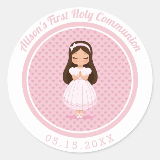 Meisjes Eerste Heilige Communie Roze Harten Ronde Sticker (Voorkant)