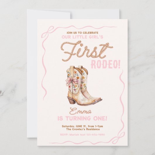 Meisjes eerste Rodeo 1e verjaardag Cowgirl Uitnodi Kaart (Voorkant)