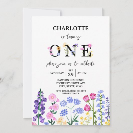Meisje's Eerste Verjaardag Wildflower Garden Party Kaart (Voorkant)