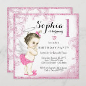 Meisjes eerste verjaardagsfeestje roze engel kaart (Voorkant / Achterkant)