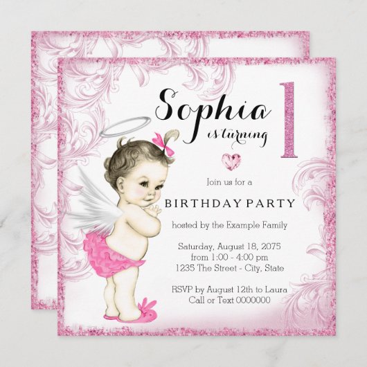 Meisjes eerste verjaardagsfeestje roze engel kaart (Voorkant / Achterkant)