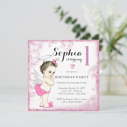 Meisjes eerste verjaardagsfeestje roze engel kaart (Staand voorkant)