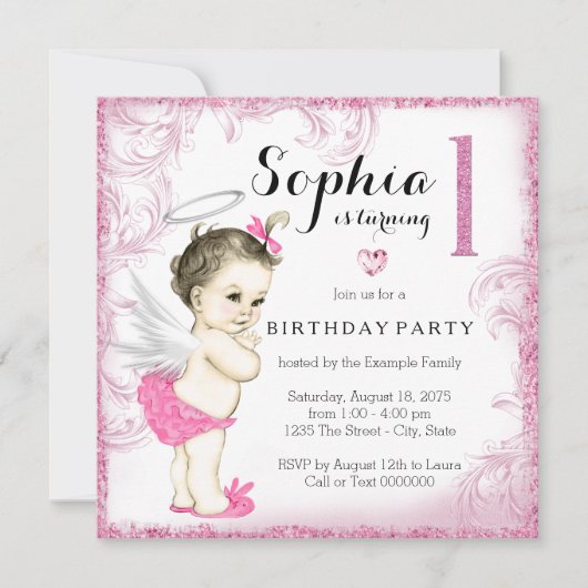 Meisjes eerste verjaardagsfeestje roze engel kaart (Voorkant)