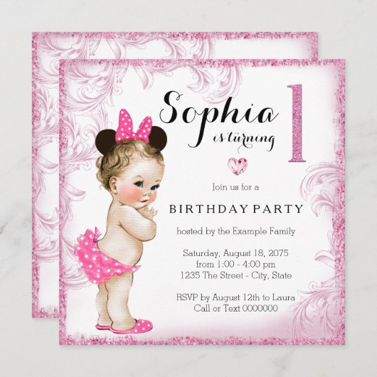 Meisjes eerste verjaardagsfeestje roze werveling kaart (Voorkant / Achterkant)