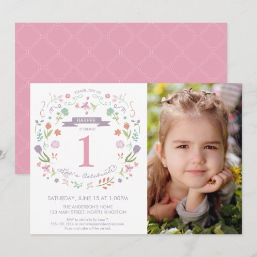 Meisje's eerste verjaardagsfeestje uitnodigen w /  kaart (Voorkant / Achterkant)