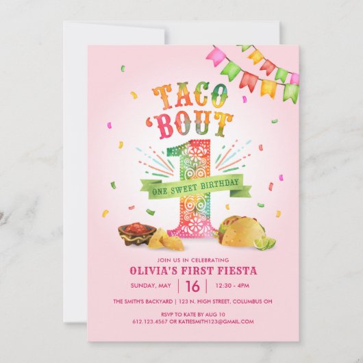 Meisjes eerste verjaardagsuitnodiging met Fiesta T Kaart (Voorkant)