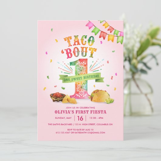 Meisjes eerste verjaardagsuitnodiging met Fiesta T Kaart (Staand voorkant)