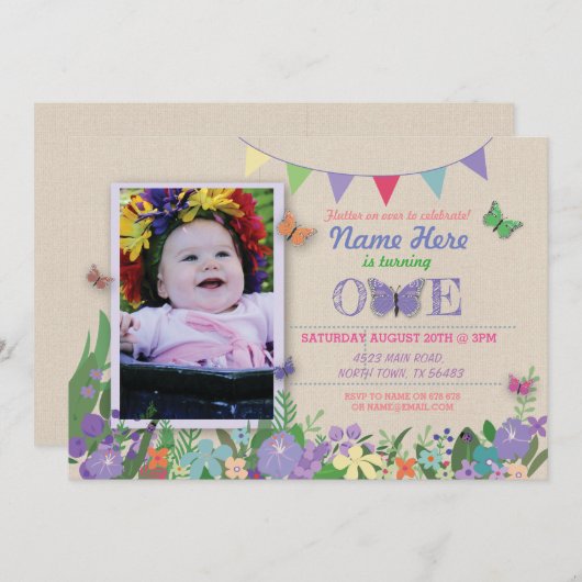 Meisjes eerste vlindertuin op verjaardagsuitnodigi kaart (Voorkant / Achterkant)