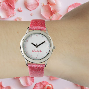 Meisjes Eigen naam Cute Girly Pink  Chic Kinder Horloge