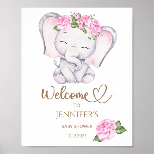 Meisjes elefant en bloem Baby shower Welkom Poster (Voorkant)