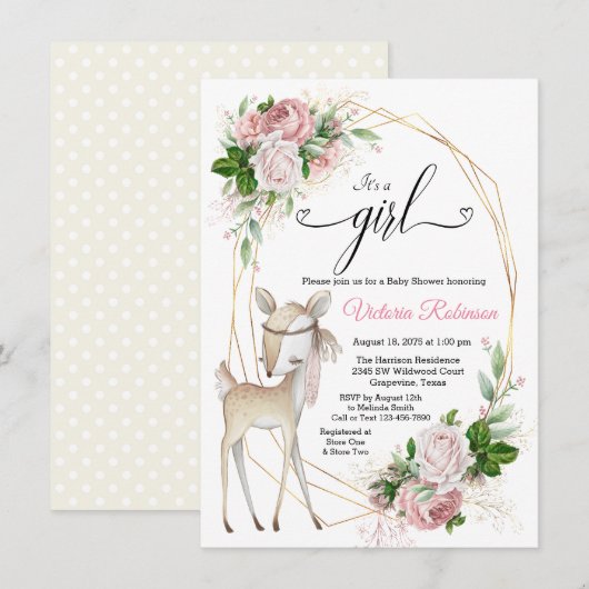 Meisjes Elegant Boho Deer Baby shower Kaart (Voorkant / Achterkant)