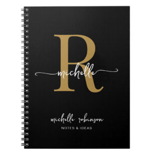 Meisjes Elegant Chic Black Gold Script Monogram Na Notitieboek