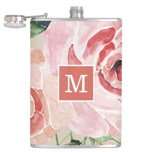 Meisjes Elegant Floral Waterverf Monogrammed Flask Heupfles (Geopend)