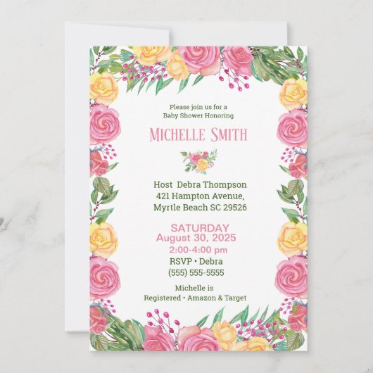 Meisjes Elegant Pink Yellow Roses Baby shower Kaart (Voorkant)