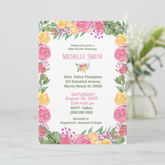 Meisjes Elegant Pink Yellow Roses Baby shower Kaart (Staand voorkant)