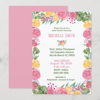 Meisjes Elegant Pink Yellow Roses Baby shower Kaart