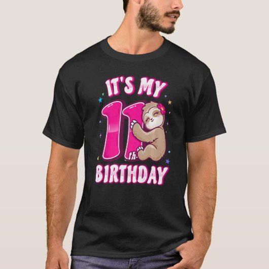 meisjes elfde verjaardag mijn 11e dag roze luiaard t-shirt (Voorkant)