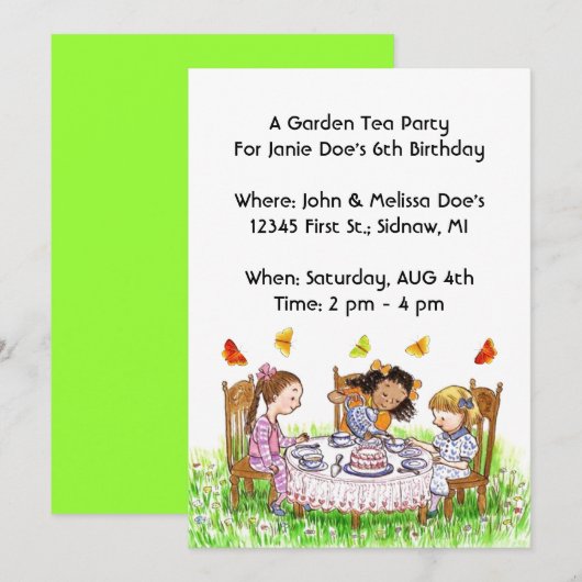 Meisjes en Butterflies Tea Party Garden Invitation Kaart (Voorkant / Achterkant)