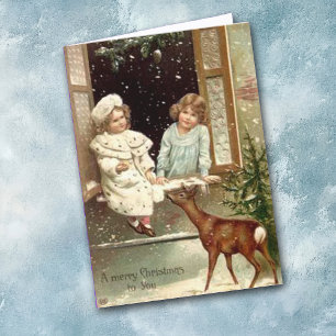 Meisjes en de kerstkaart van Deer Vintage Feestdagen Kaart