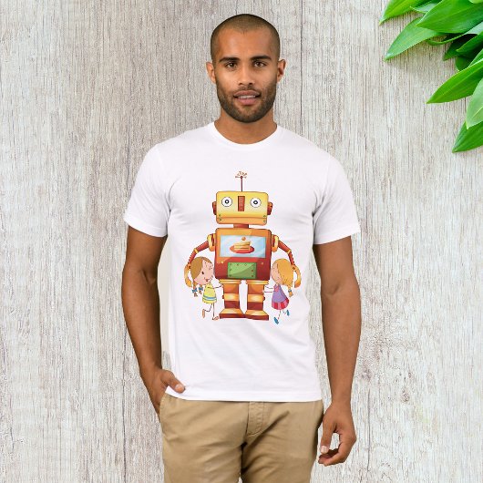 Meisjes en een robot die Mannen T-shirt aantrekt