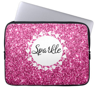 Meisjes en glam Hot Pink Glitter Sparkle White Hea Laptop Sleeve