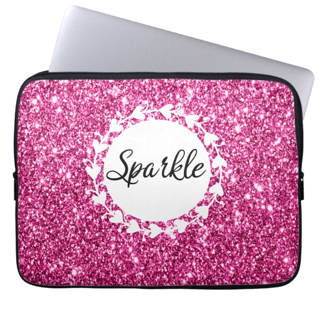 Meisjes en glam Hot Pink Glitter Sparkle White Hea Laptop Sleeve (Voorkant)
