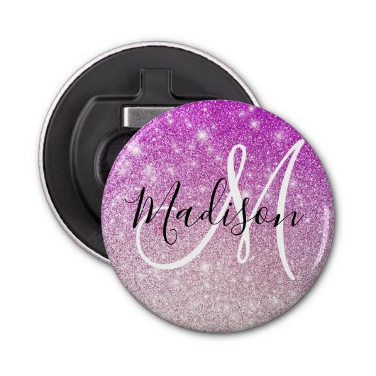 Meisjes en Glam Paars Glitter Sparkles Monogram Button Flesopener (Voorkant)