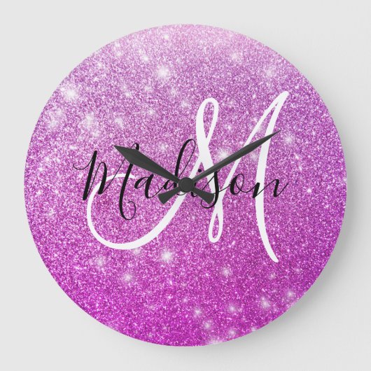 Meisjes en Glam Paars Glitter Sparkles Monogram Grote Klok (Voorkant)