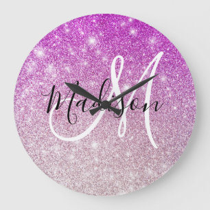 Meisjes en Glam Paars Glitter Sparkles Monogram Grote Klok
