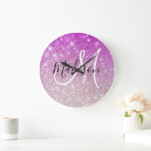Meisjes en Glam Paars Glitter Sparkles Monogram Grote Klok (Huis)