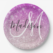 Meisjes en Glam Paars Glitter Sparkles Monogram Papieren Bordje (Voorkant)