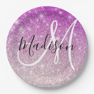 Meisjes en Glam Paars Glitter Sparkles Monogram Papieren Bordje